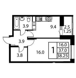 1-к квартира, строящийся дом, 38м2, 11/12 этаж