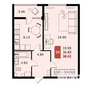 1-к квартира, вторичка, 39м2, 6/17 этаж