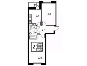 2-к квартира, вторичка, 61м2, 10/12 этаж