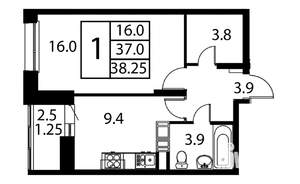 1-к квартира, строящийся дом, 38м2, 9/12 этаж