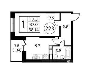 1-к квартира, строящийся дом, 38м2, 2/12 этаж