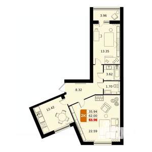 2-к квартира, вторичка, 64м2, 7/17 этаж
