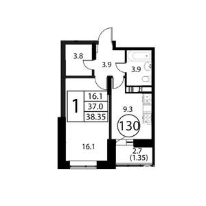 1-к квартира, строящийся дом, 38м2, 9/12 этаж