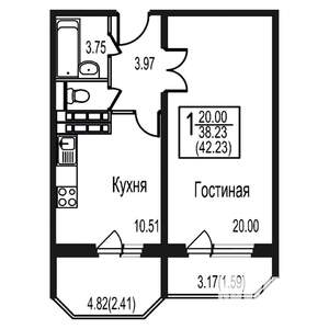 1-к квартира, сданный дом, 42м2, 10/17 этаж