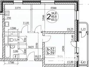 2-к квартира, вторичка, 60м2, 3/3 этаж