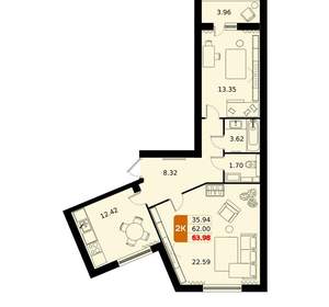 2-к квартира, вторичка, 64м2, 14/17 этаж