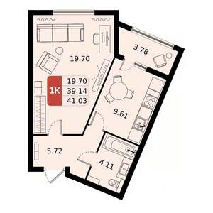 1-к квартира, строящийся дом, 41м2, 10/17 этаж