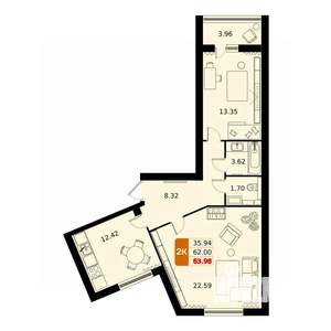 2-к квартира, вторичка, 64м2, 8/17 этаж