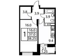 1-к квартира, строящийся дом, 38м2, 12/12 этаж