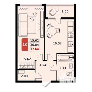 1-к квартира, вторичка, 38м2, 11/17 этаж