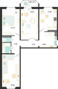 3-к квартира, строящийся дом, 79м2, 15/17 этаж