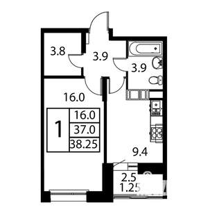 1-к квартира, строящийся дом, 38м2, 11/12 этаж