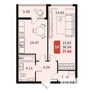 1-к квартира, вторичка, 38м2, 12/17 этаж