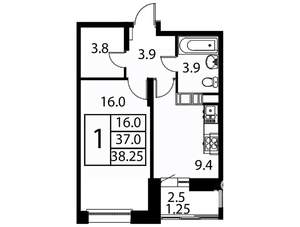 1-к квартира, строящийся дом, 38м2, 10/12 этаж