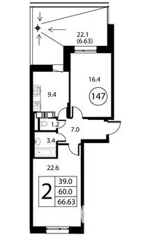 2-к квартира, строящийся дом, 67м2, 2/12 этаж