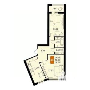2-к квартира, строящийся дом, 59м2, 15/17 этаж