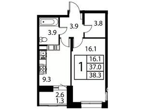 1-к квартира, строящийся дом, 38м2, 10/12 этаж