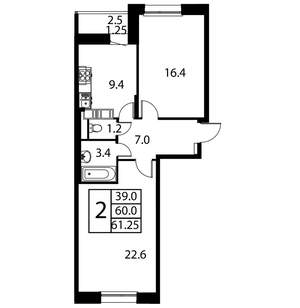 2-к квартира, строящийся дом, 61м2, 11/12 этаж