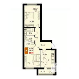 2-к квартира, вторичка, 56м2, 14/17 этаж