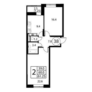 2-к квартира, строящийся дом, 61м2, 10/12 этаж