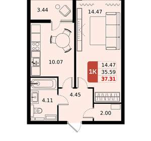 1-к квартира, вторичка, 37м2, 12/17 этаж