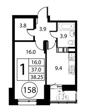 1-к квартира, строящийся дом, 38м2, 5/12 этаж