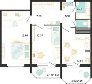 2-к квартира, строящийся дом, 59м2, 2/17 этаж
