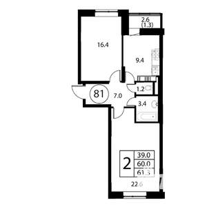 2-к квартира, строящийся дом, 61м2, 10/12 этаж