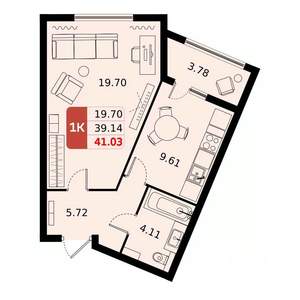 1-к квартира, вторичка, 41м2, 5/17 этаж