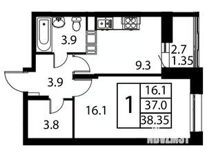 1-к квартира, строящийся дом, 38м2, 9/12 этаж