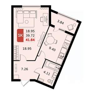 1-к квартира, вторичка, 42м2, 9/17 этаж