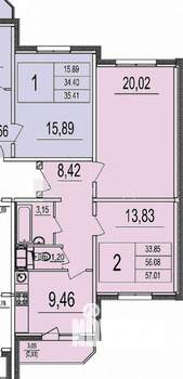 2-к квартира, вторичка, 56м2, 15/17 этаж