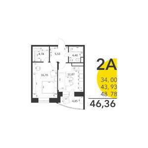 1-к квартира, сданный дом, 46м2, 7/17 этаж