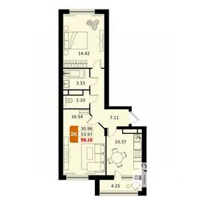 2-к квартира, вторичка, 56м2, 9/17 этаж