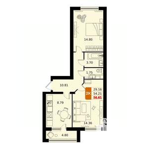 2-к квартира, вторичка, 57м2, 10/17 этаж