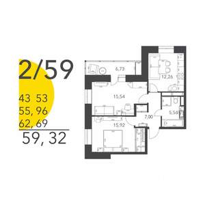 2-к квартира, вторичка, 59м2, 11/17 этаж