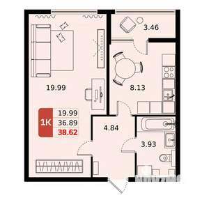 1-к квартира, вторичка, 39м2, 4/17 этаж