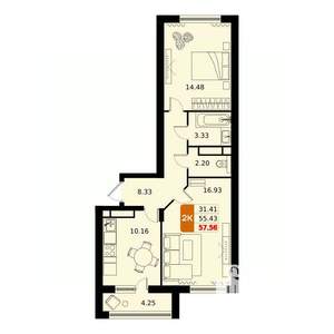 2-к квартира, вторичка, 58м2, 4/17 этаж