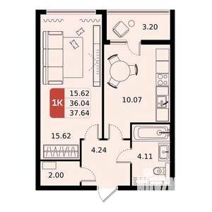 1-к квартира, вторичка, 38м2, 10/17 этаж