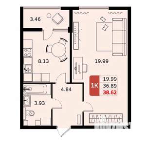 1-к квартира, вторичка, 39м2, 4/17 этаж