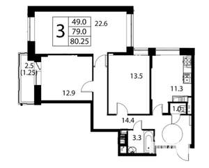 3-к квартира, сданный дом, 81м2, 8/13 этаж