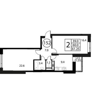 2-к квартира, строящийся дом, 61м2, 3/12 этаж