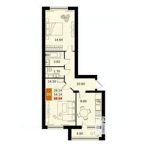 2-к квартира, вторичка, 57м2, 8/17 этаж