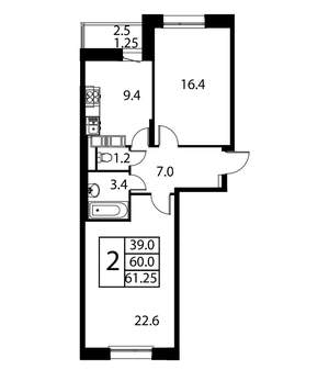 2-к квартира, вторичка, 61м2, 5/12 этаж