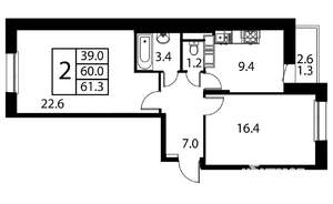 2-к квартира, строящийся дом, 61м2, 7/12 этаж