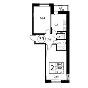 2-к квартира, строящийся дом, 61м2, 11/12 этаж