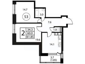 2-к квартира, вторичка, 62м2, 11/12 этаж
