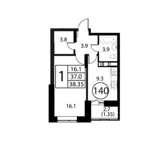 1-к квартира, строящийся дом, 38м2, 11/12 этаж