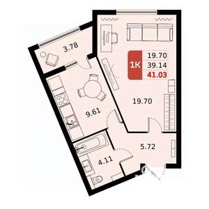 1-к квартира, вторичка, 41м2, 8/17 этаж