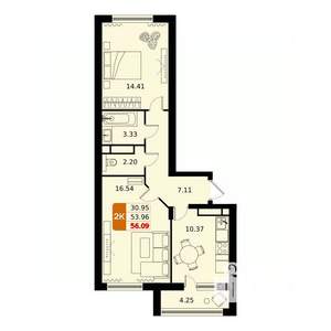 2-к квартира, строящийся дом, 56м2, 14/17 этаж